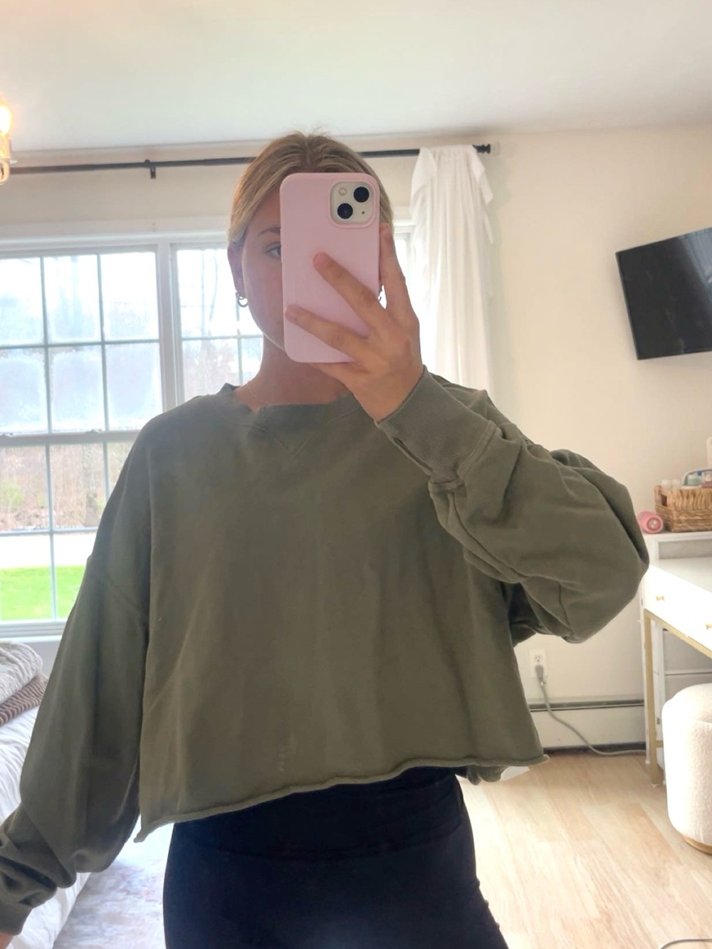 aerie Olive Green Cropped Sweatshirt